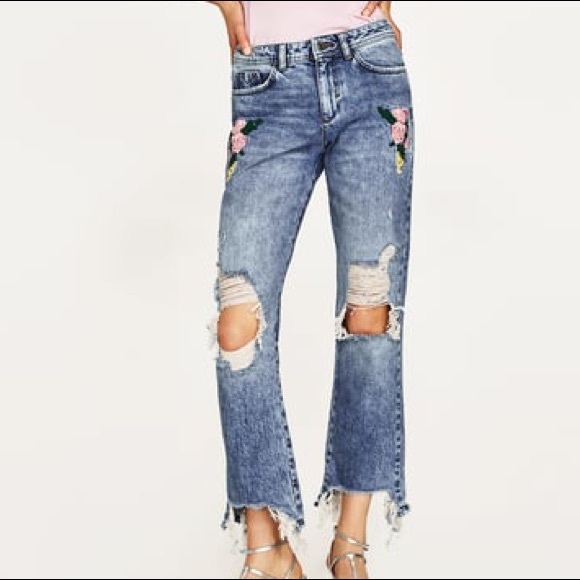 Zara Denim - Zara Pink Floral Distressed Denim Jeans sz 2